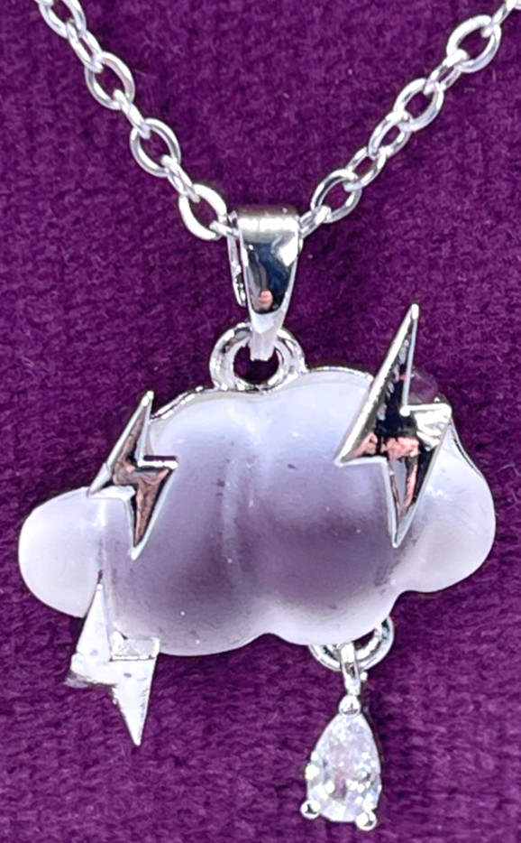 Necklace Iridescent White Cloud Silver Tone Lightning Bolts & Zirconia Rain Drop