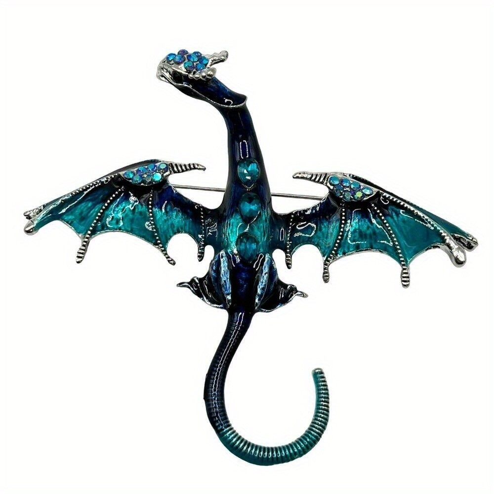 DRAGON BROOCH Pin Pendant Blue Rhinestone Enamel Silvery Tone Costume Jewelry