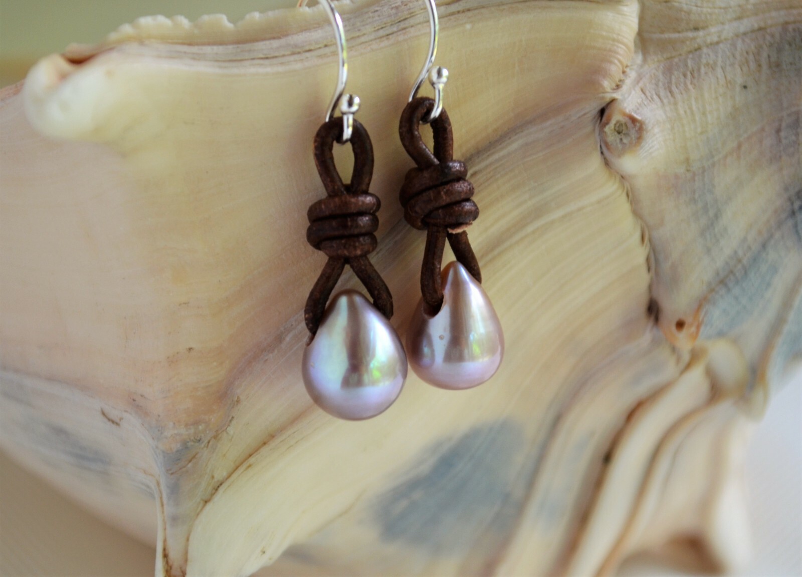 Tea Drop Pearl Earrings Lavender Pearls on Leather Earrings Boho Earrings Yevga