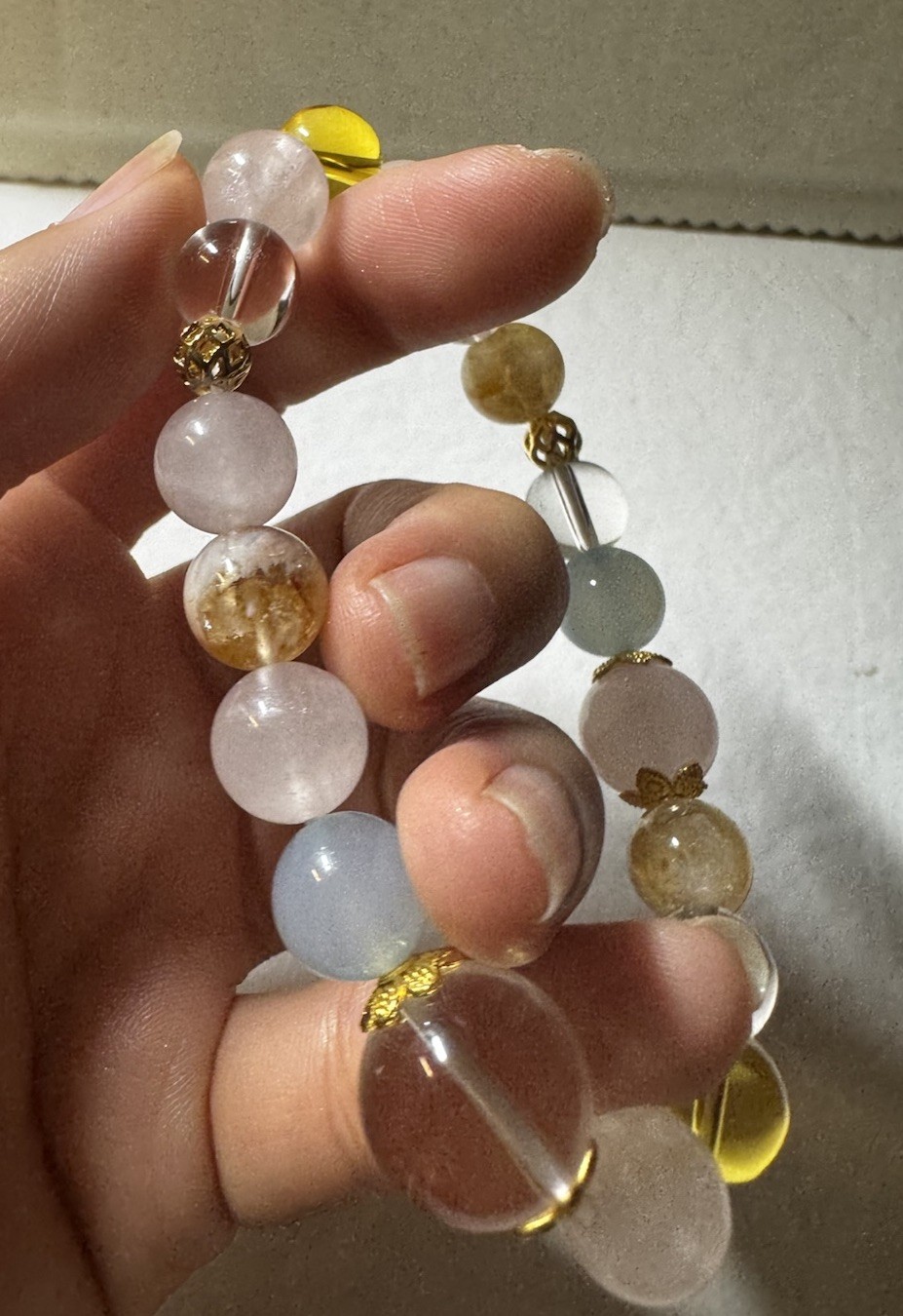 10-15mm Natural healing Crystal stretch Beaded Bracelet pink quartz yellow clear