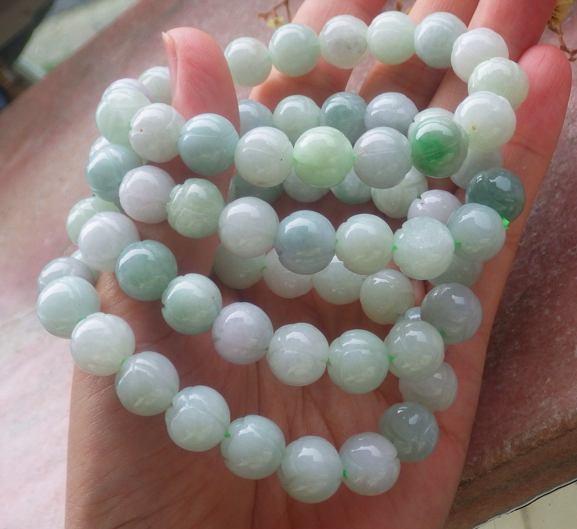 1 Pcs Green A JADE Jadeite Beads Bangle Lotus Flower Bracelet 7 inches 手链 737180