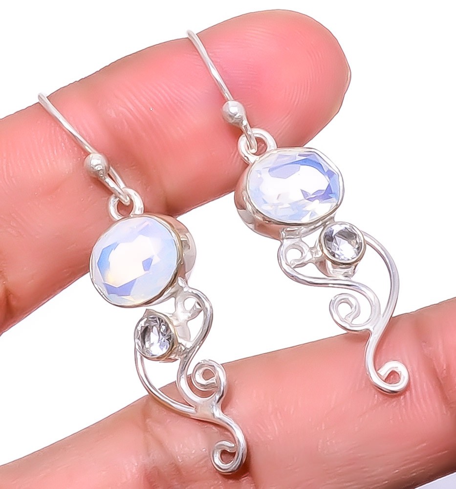 Milky Opal & White Topaz Silver Handmade Earring 1.76″ S2666