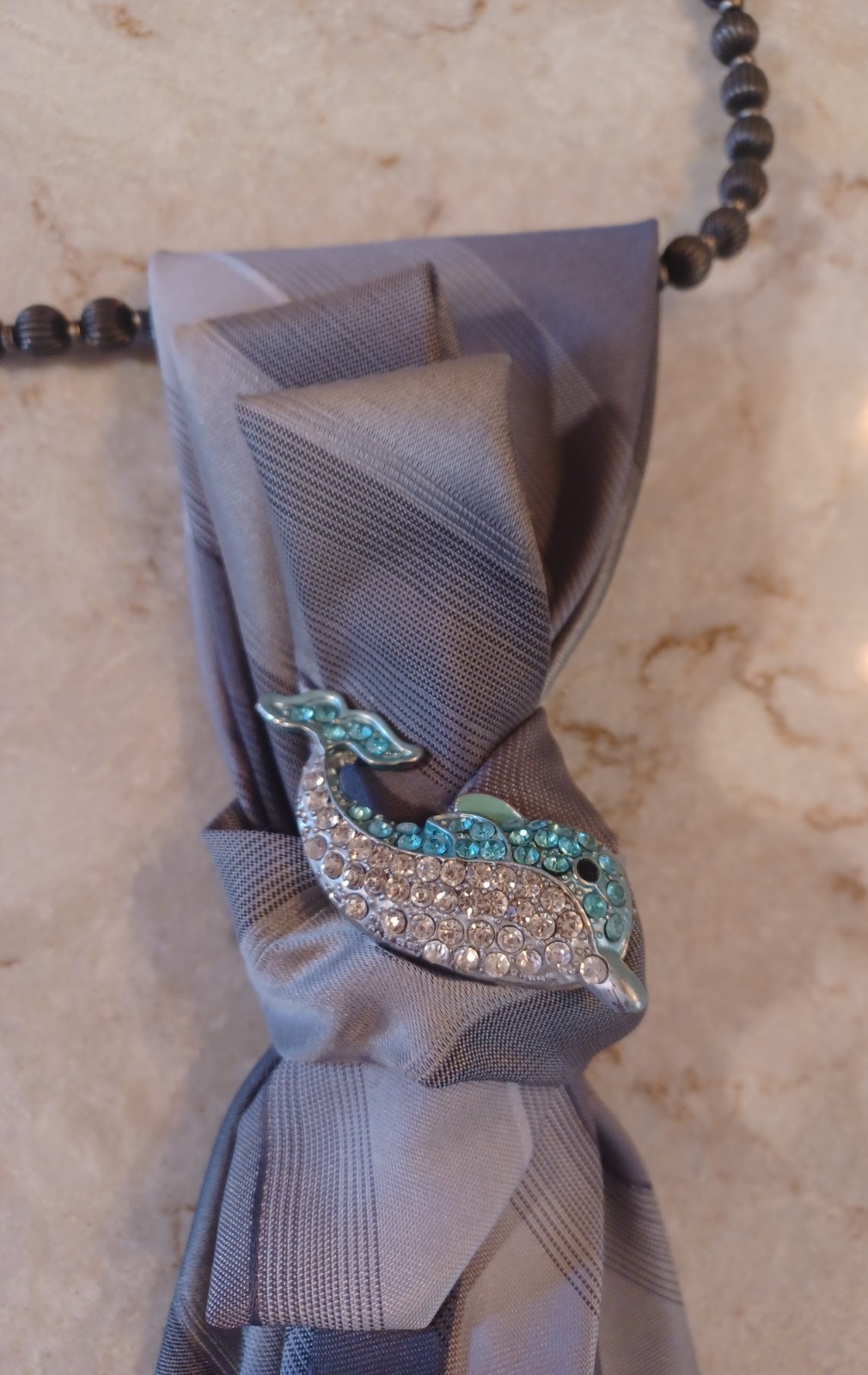 Handcrafted Necktie Necklace Rhinestone Dolphin Brooch
