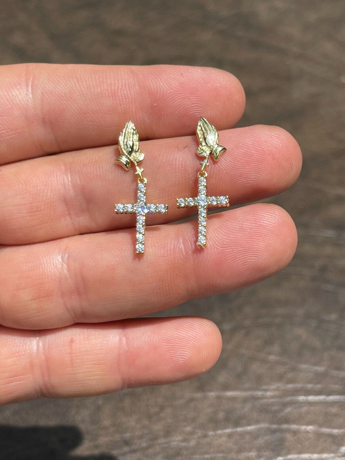 14k Gold Plated Real 925 Sterling Silver Praying Hands Cross Dangle Earrings