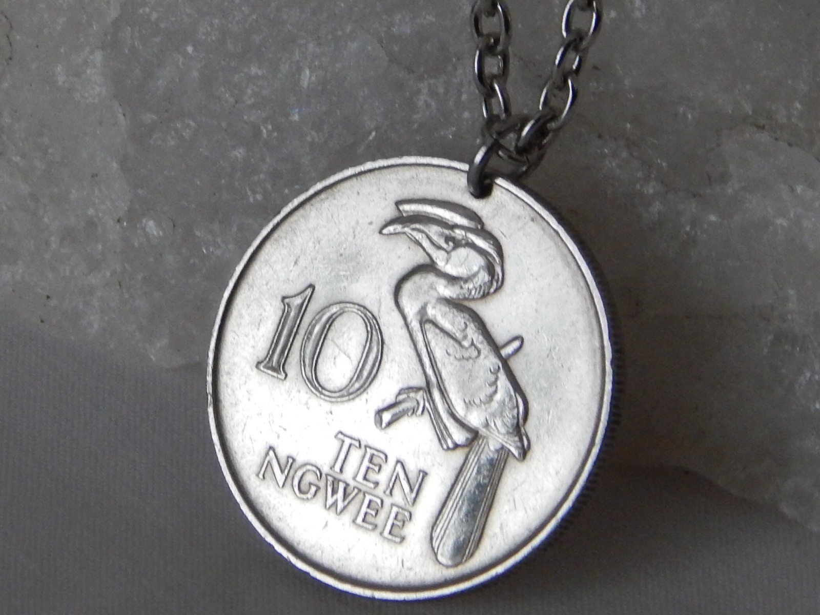 1968 Zambia 10 Ngwee Coin Pendant Necklace Hornbill Bird #205