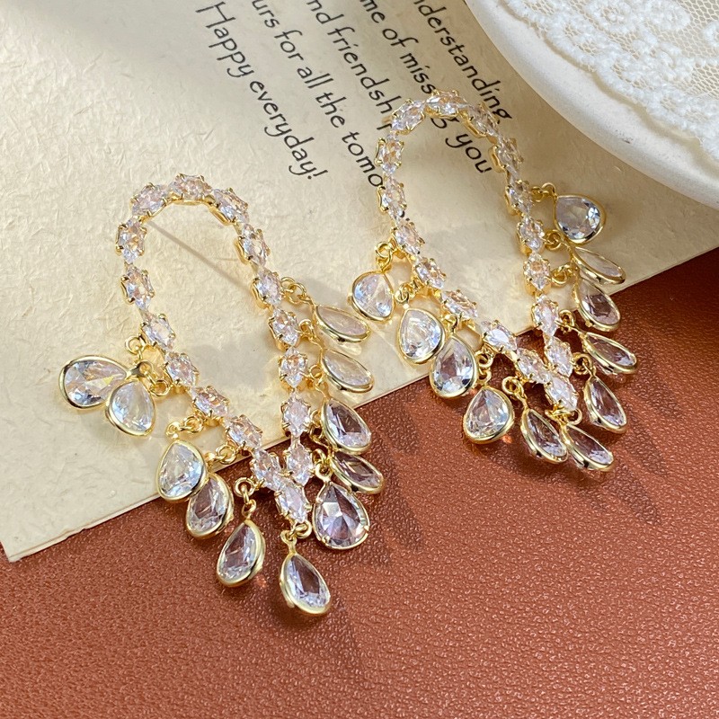 Full Zircon Teardrop Tassel Drop Earrings Womens Dangle Jewelry