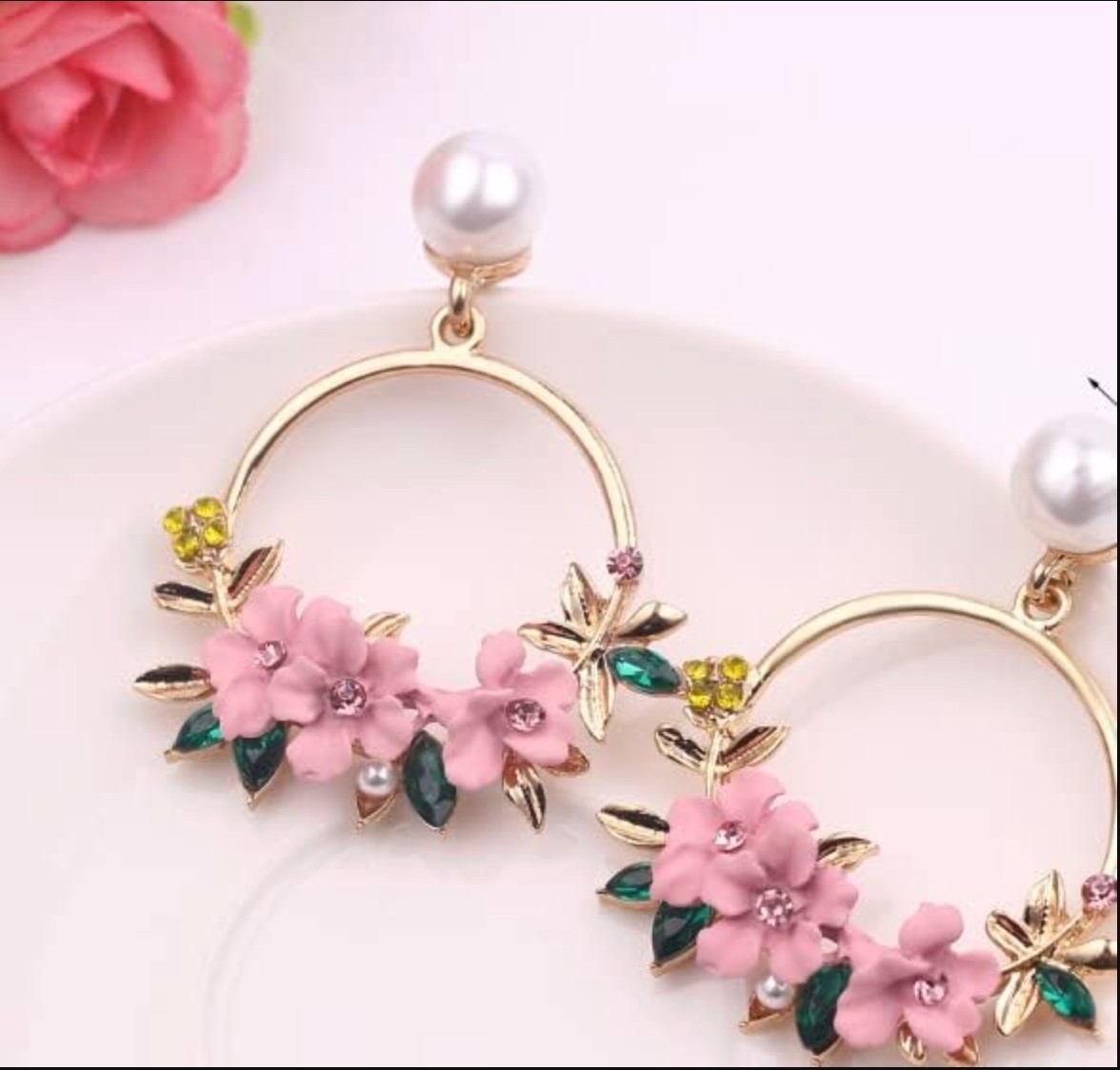 Women Pink Flower Hoop Earrings Pearl Stud Floral Dangle Earrings Gift Jewelry