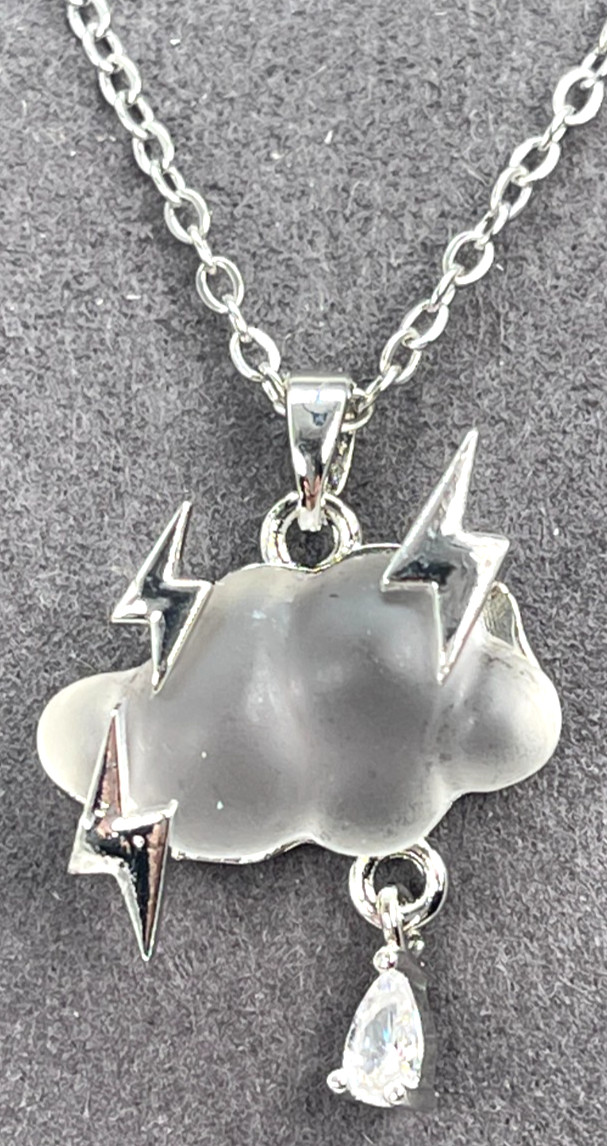 Necklace Iridescent White Cloud Silver Tone Lightning Bolts & Zirconia Rain Drop