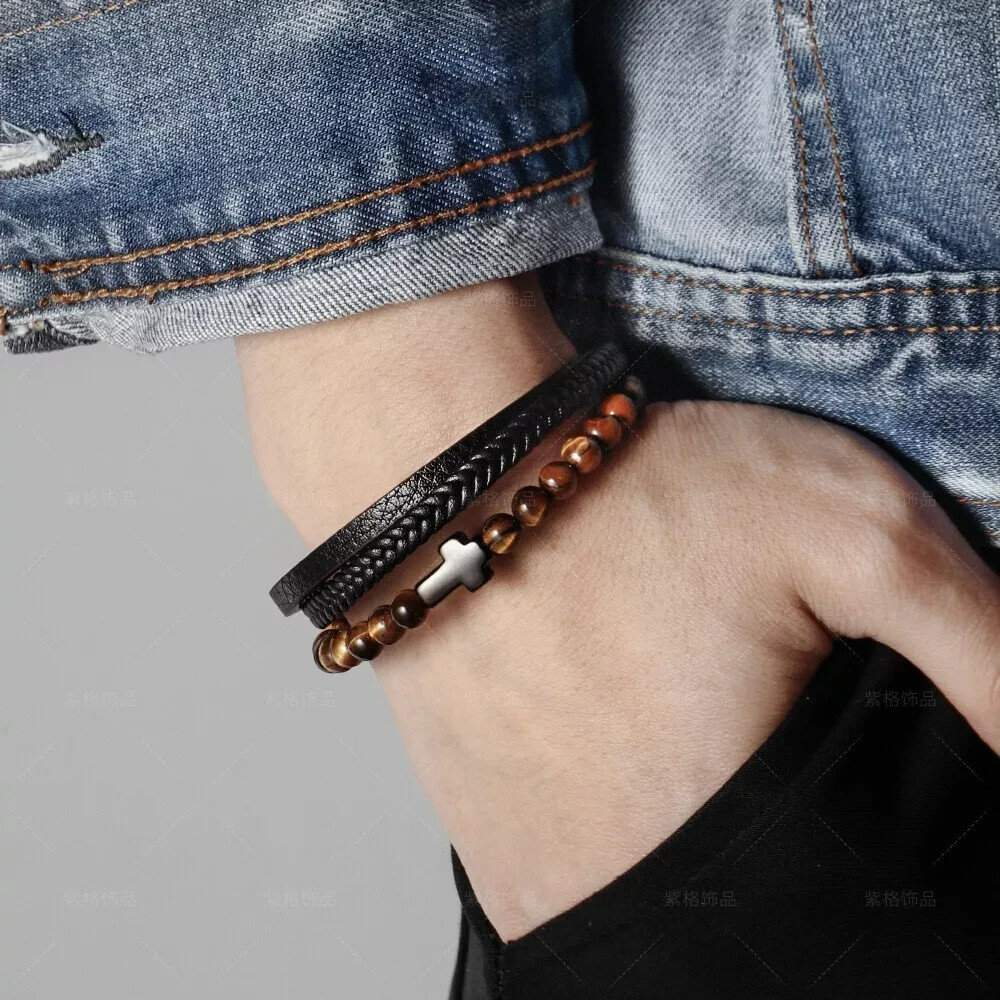 Men’s Cross Leather Braided Bracelet Tiger Eye Stone Protection Cuff Bangle Gift