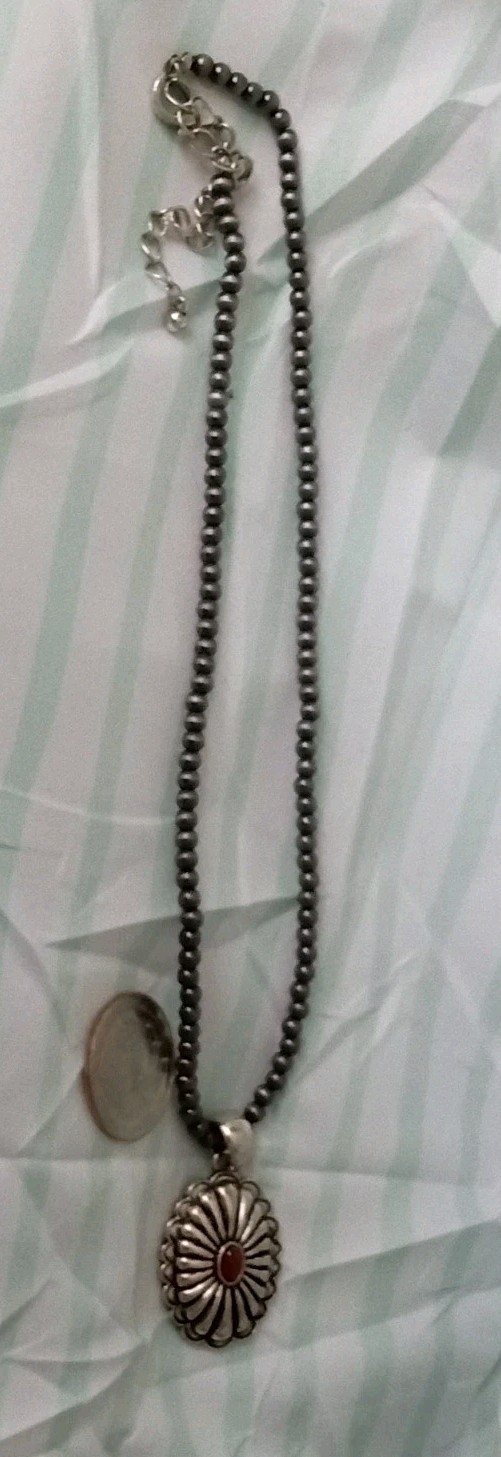 Southwestern Silver Necklace Red Stone No Marks Non-magnetic, Except Extension