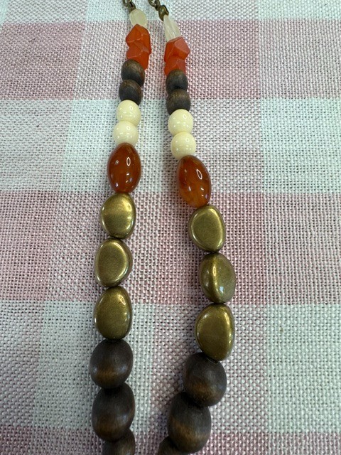 Chico’s Long Beaded Tassel Necklace Wood Gold Tone Boho Adjustable 36″