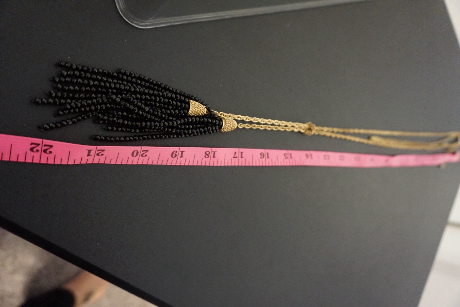 Gold Tone Rope Chain Lariat Necklace with Black Beaded Tassels