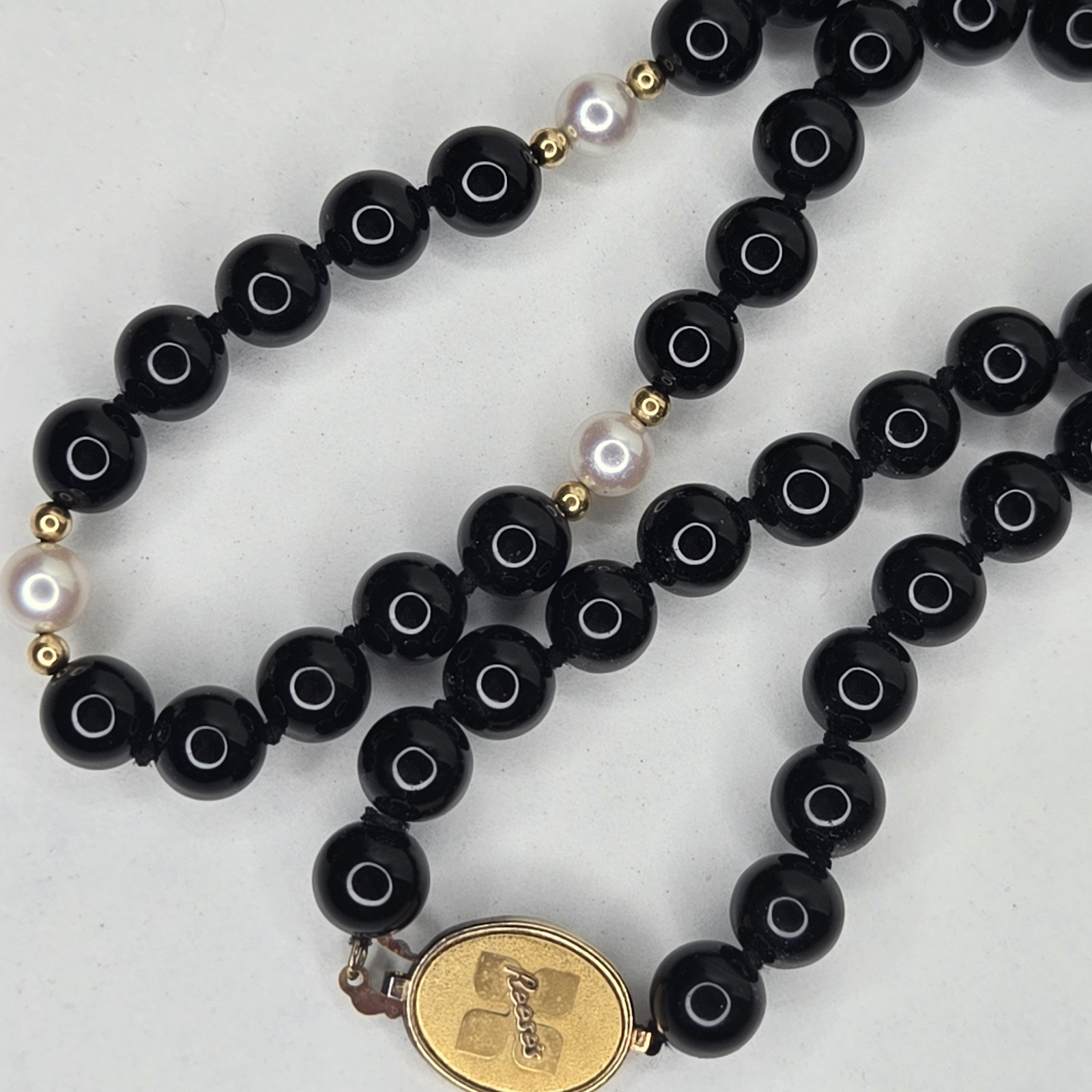Jostens Imperial Black Onyx Pearl Bead 17″ Necklace Sterling 925 Vermeil Reese’s