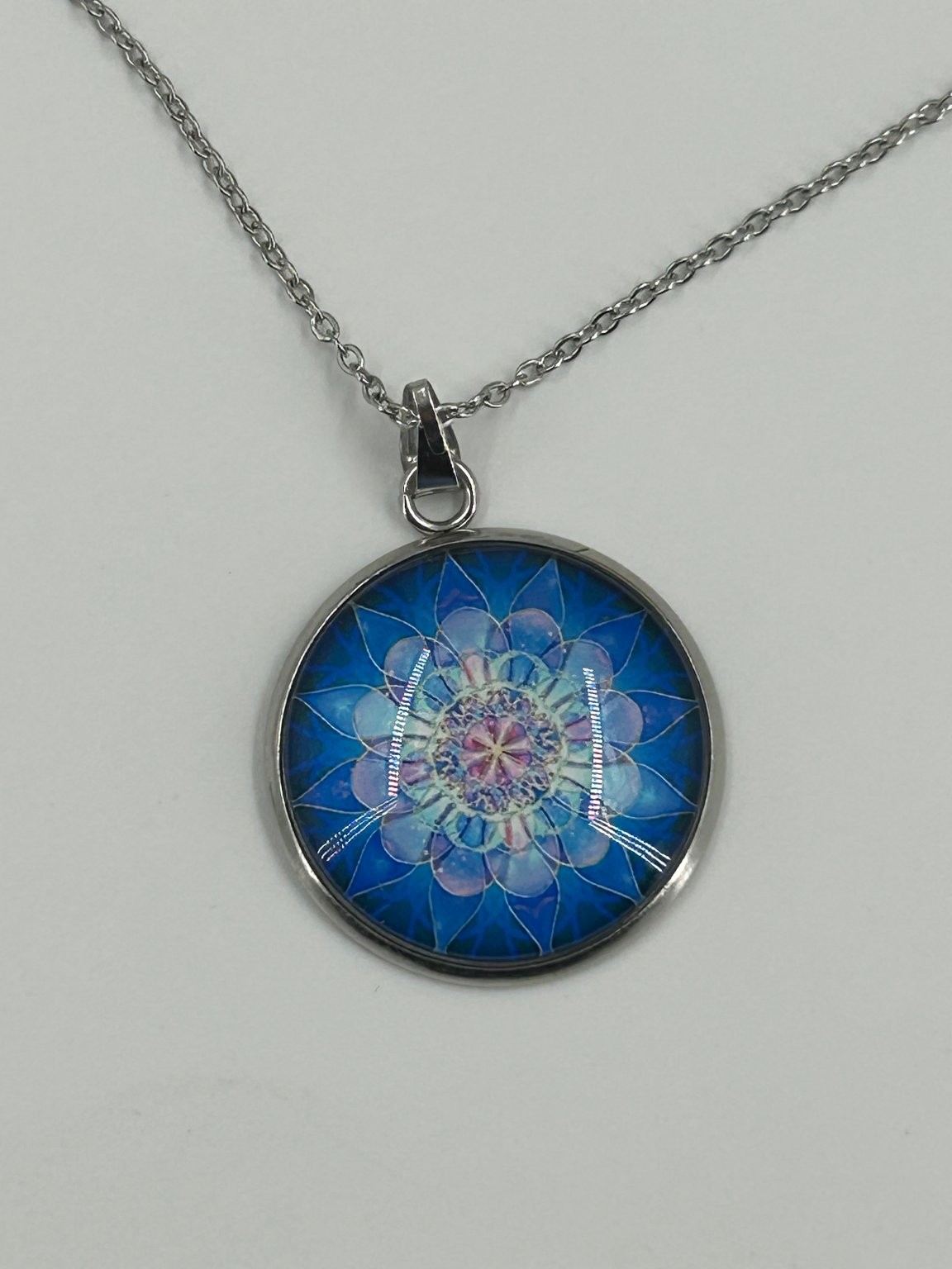 Silver Round Pendant Necklace 18-20 Inch Blue Mandala Design