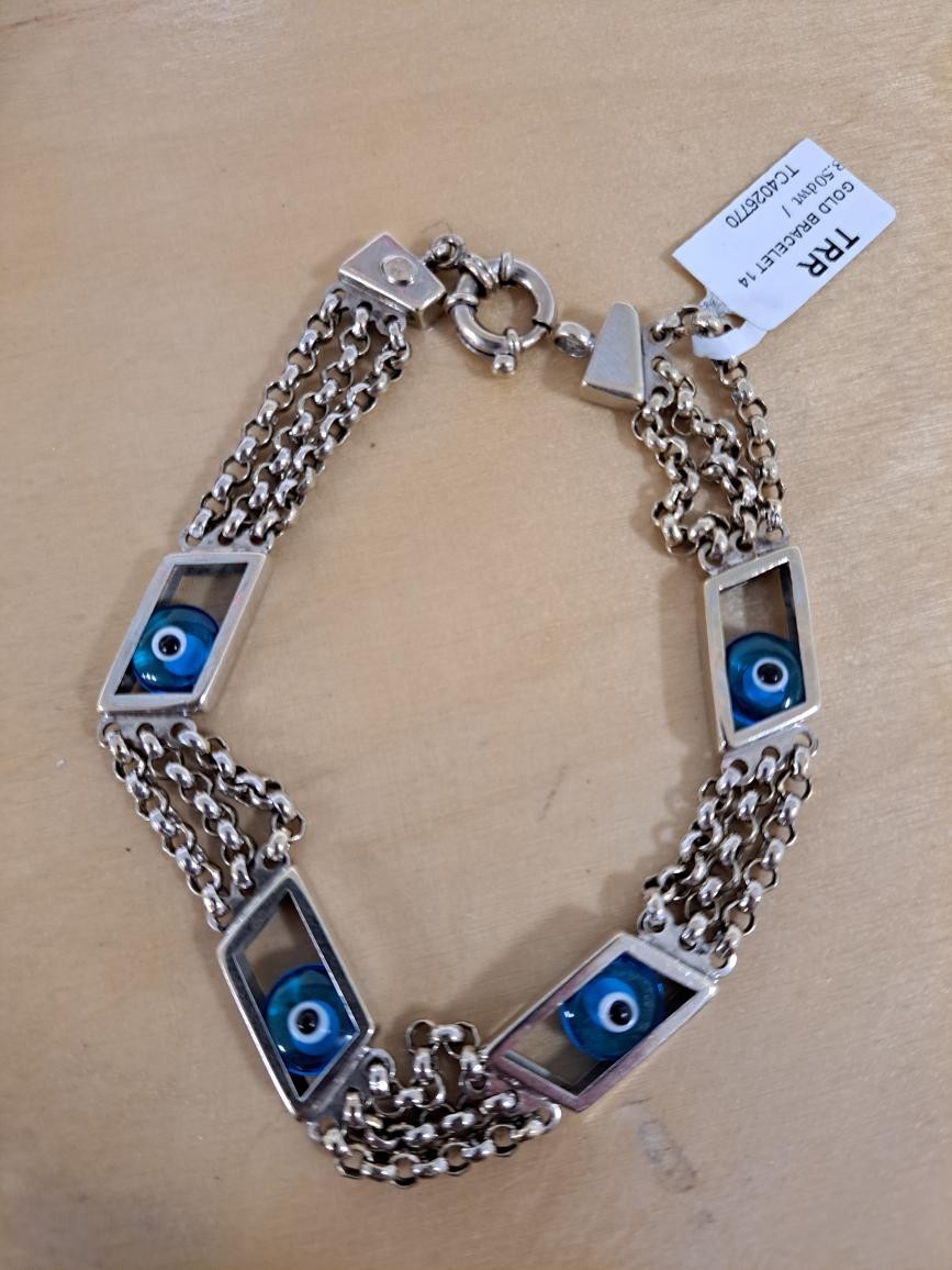 EVIL EYE GOLD LINK BRACELET: 8.5DWT 14K-W/G, 8.5″ 3 STRAND MULTI-CAB (TC4026770)