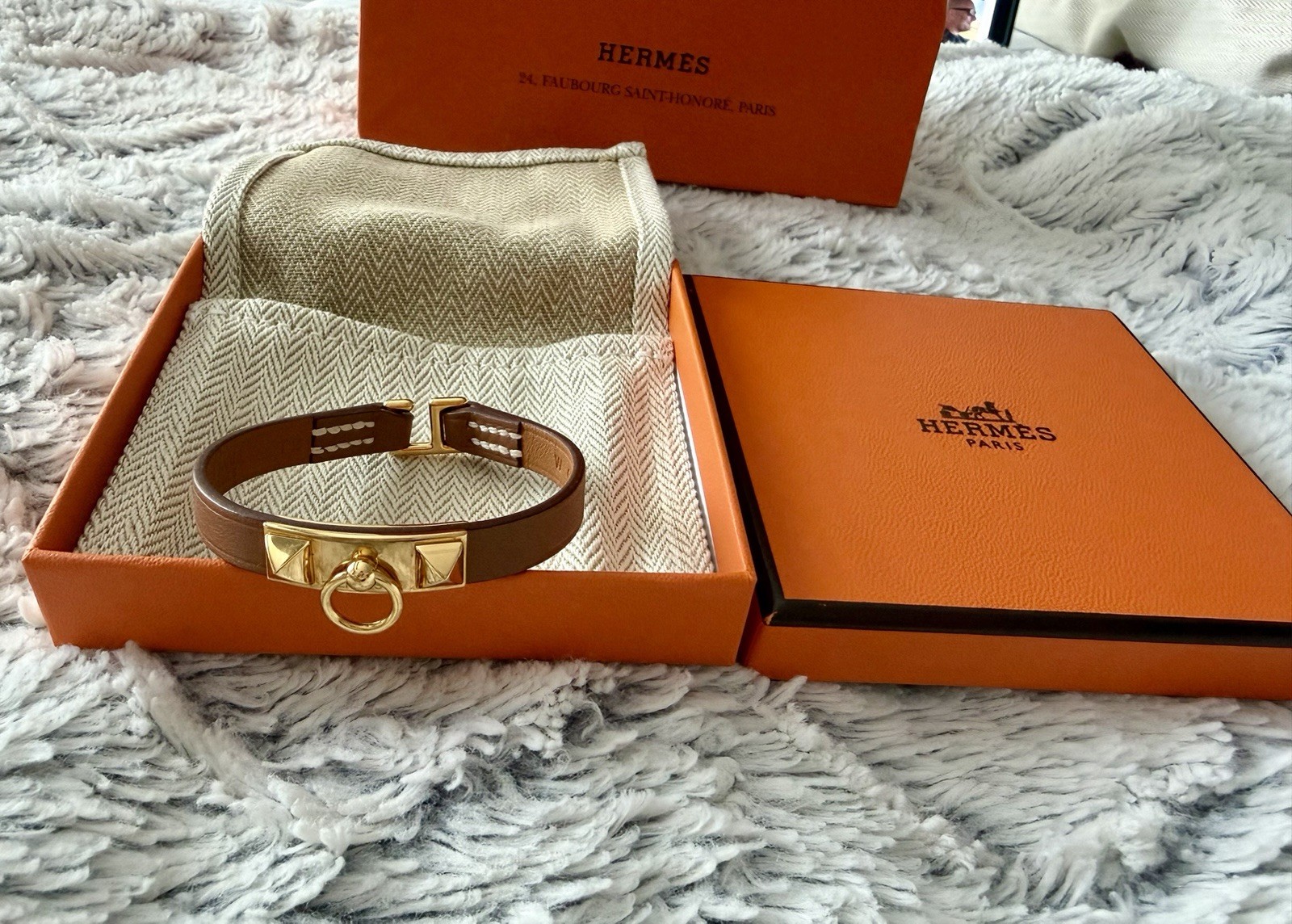 AUTHENTIC HERMES RIVALE MINI BRACELET GOLD PLATED IVORY LEATHER STRAP