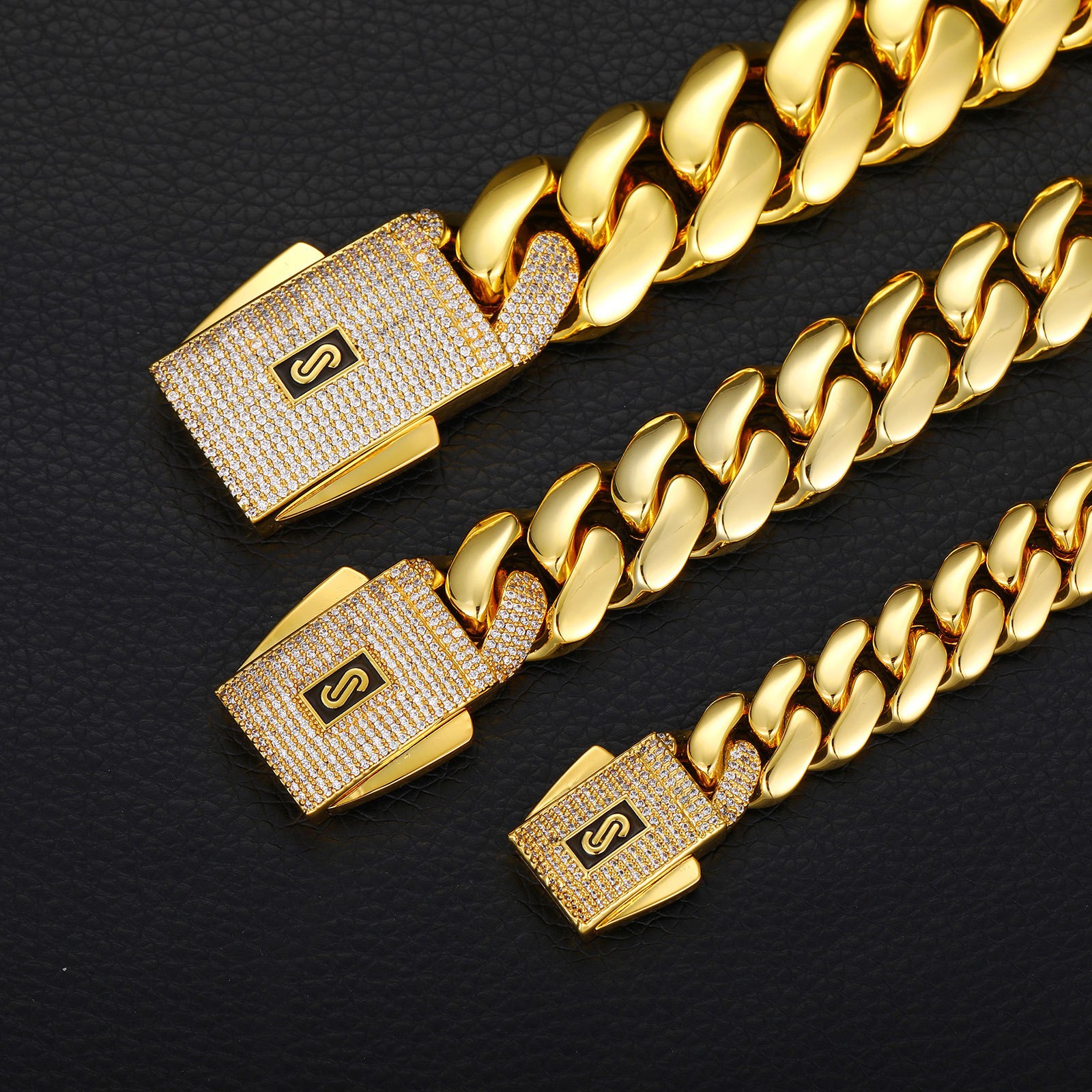 Hip Hop Glossy Miami Cuban Chain Necklace Bracelet 18K Real Gold Plated Jewelry