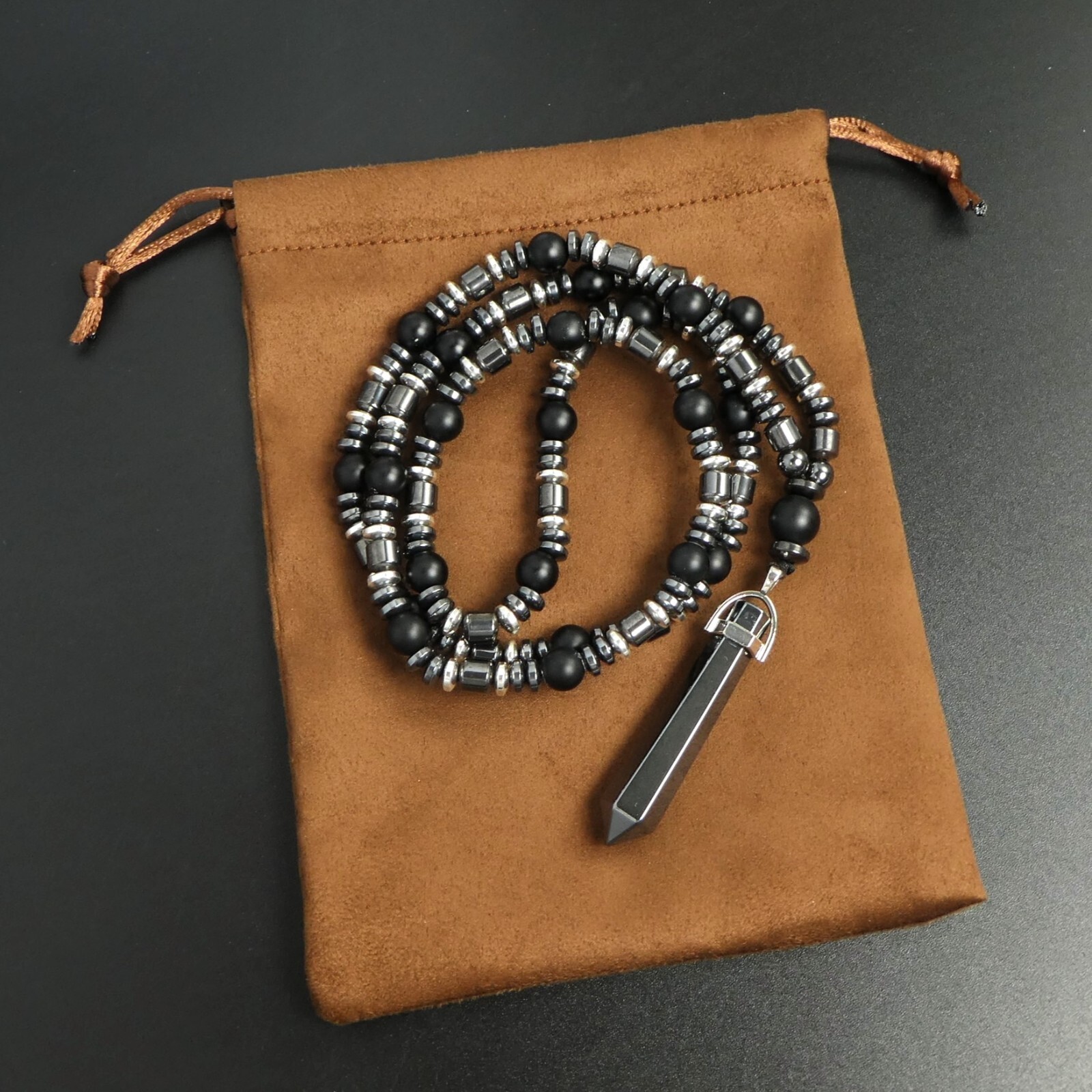 Matte Black Onyx Pointed Hematite Crystal Pendant 29″ Long Necklace Man Gift
