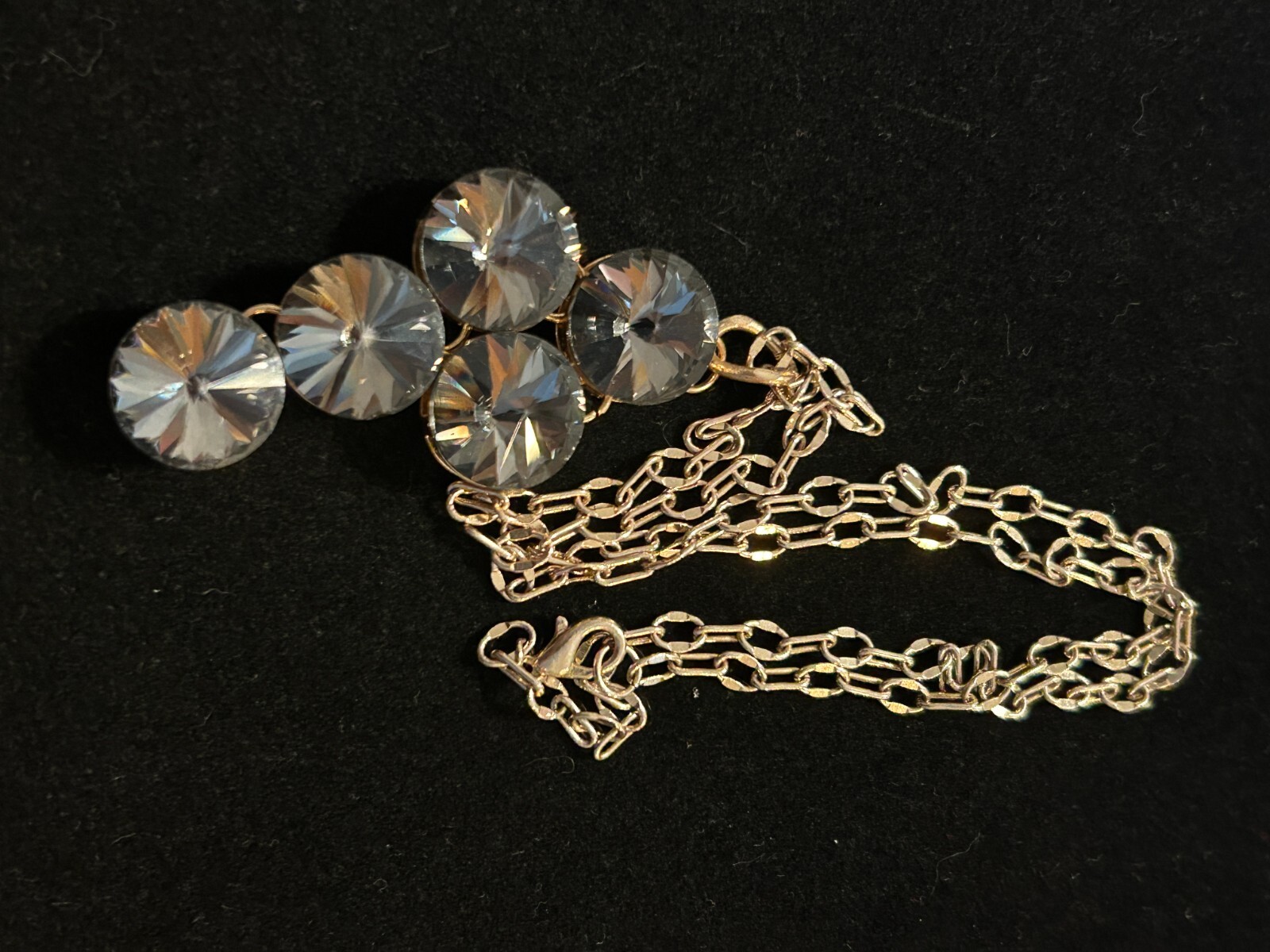 Vintage Good Quality Gold Tone Necklace with Smoky Rivoli Stones Pendant 22″