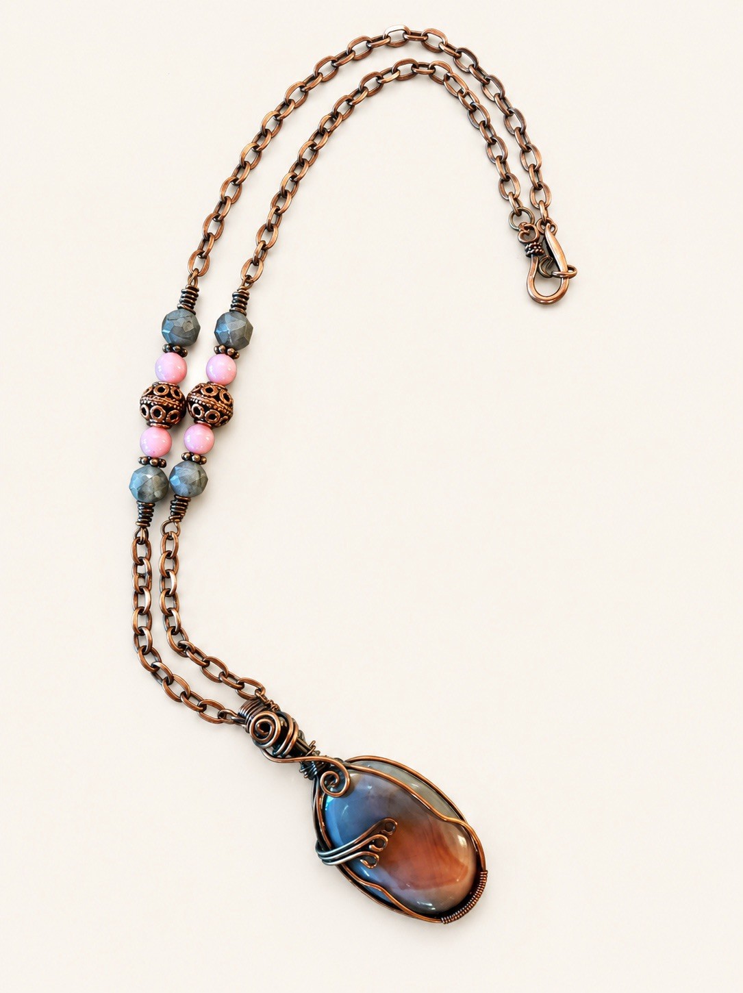 Agate Copper Wrapped Pendant 2.5”/Solid Copper Necklace 20”