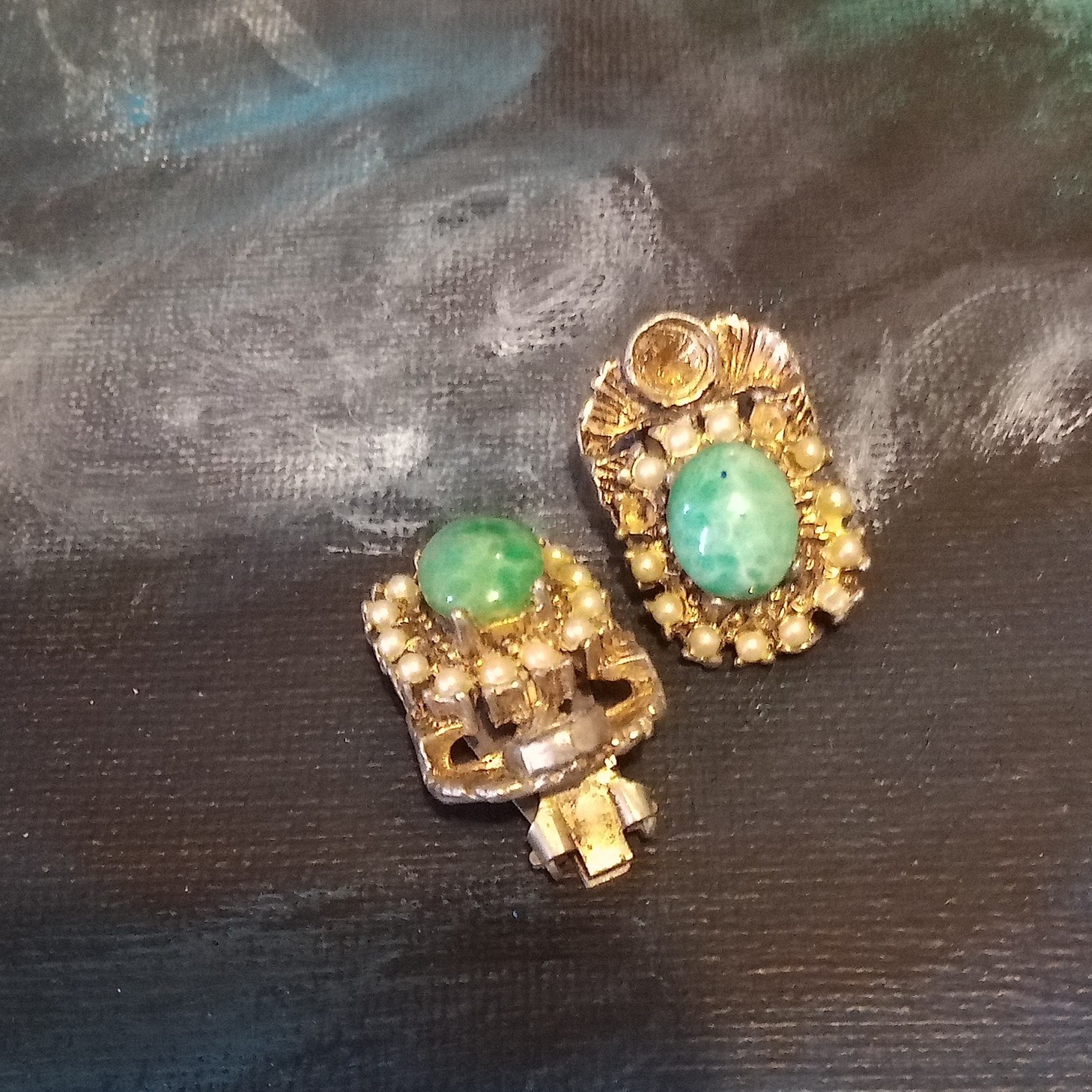 Gold Tone Clip-On Earrings Green Oval Stone Halo Clear Rhinestone Accents