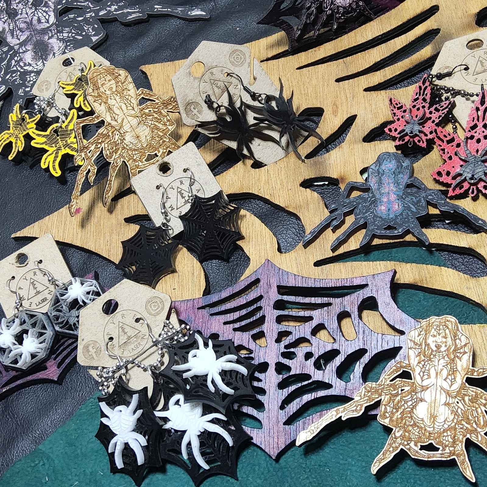spiders webs earrings laser cut necklace set goth horror style art decor punk