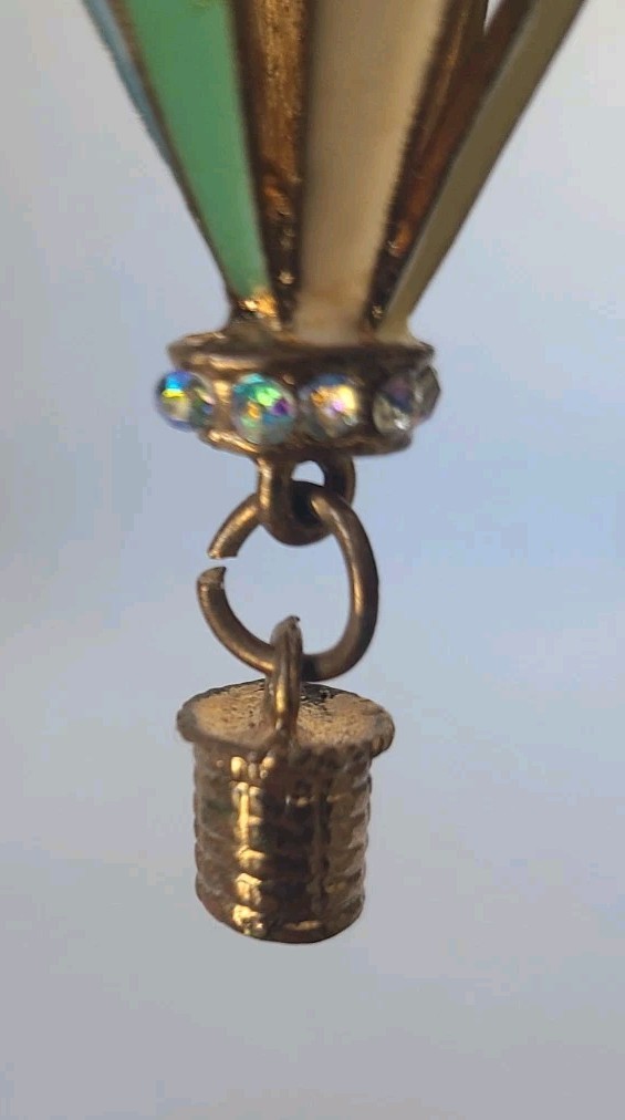 Vintage Gold Tone Enamel Metal Hot Air Ballon Pendant Necklace Rhinestones 15″