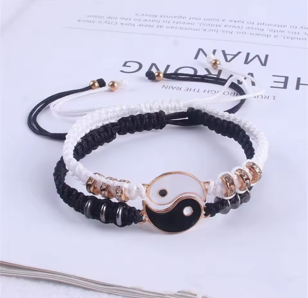 2 Pcs Jewelry Set Couple Black White Tai Chi Bracelet Rope Adjustable Chain