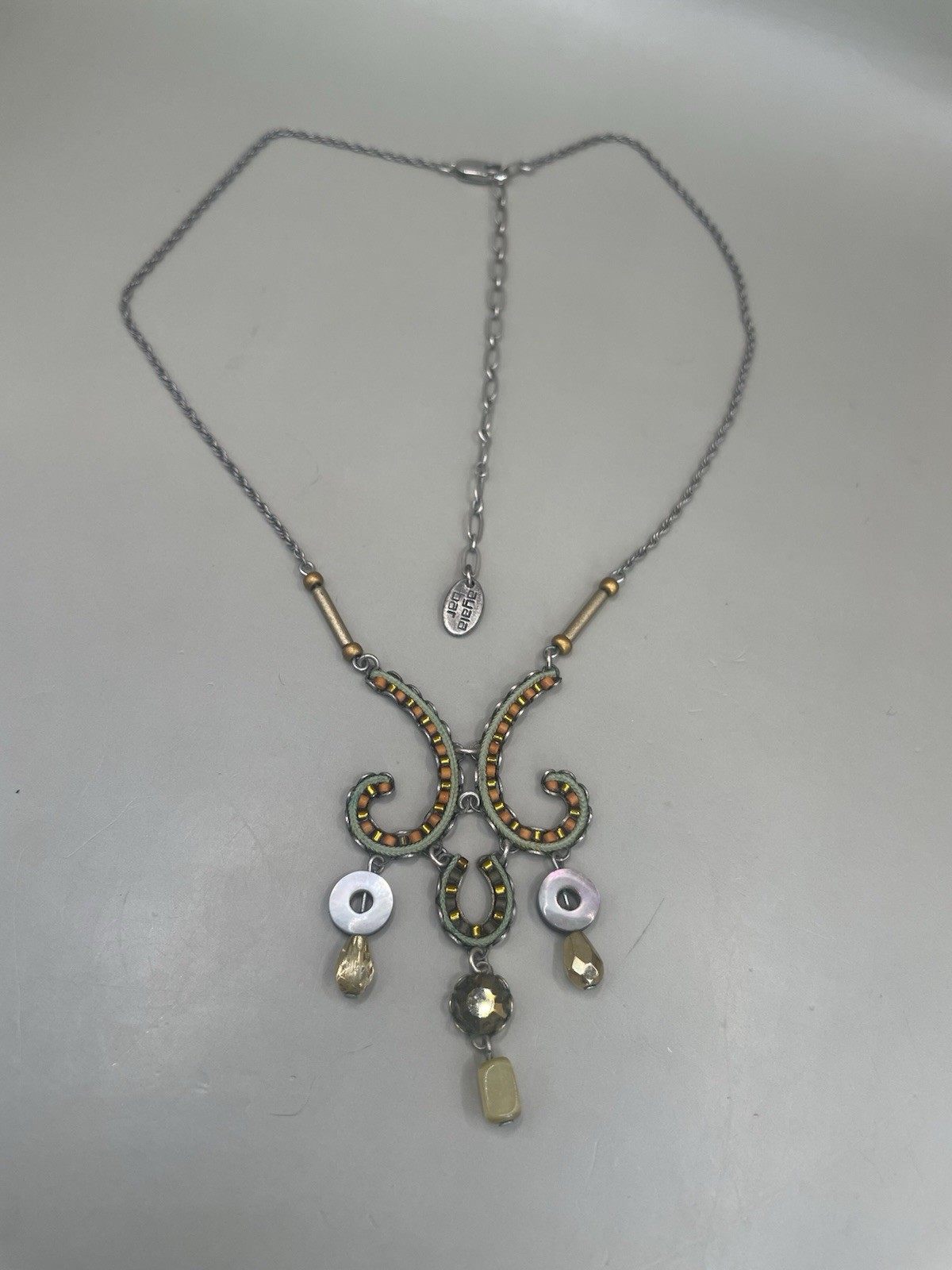 Ayala Bar Silvertone Mixed Materials Chocker Collar Beaded Boho 16-20” Necklace