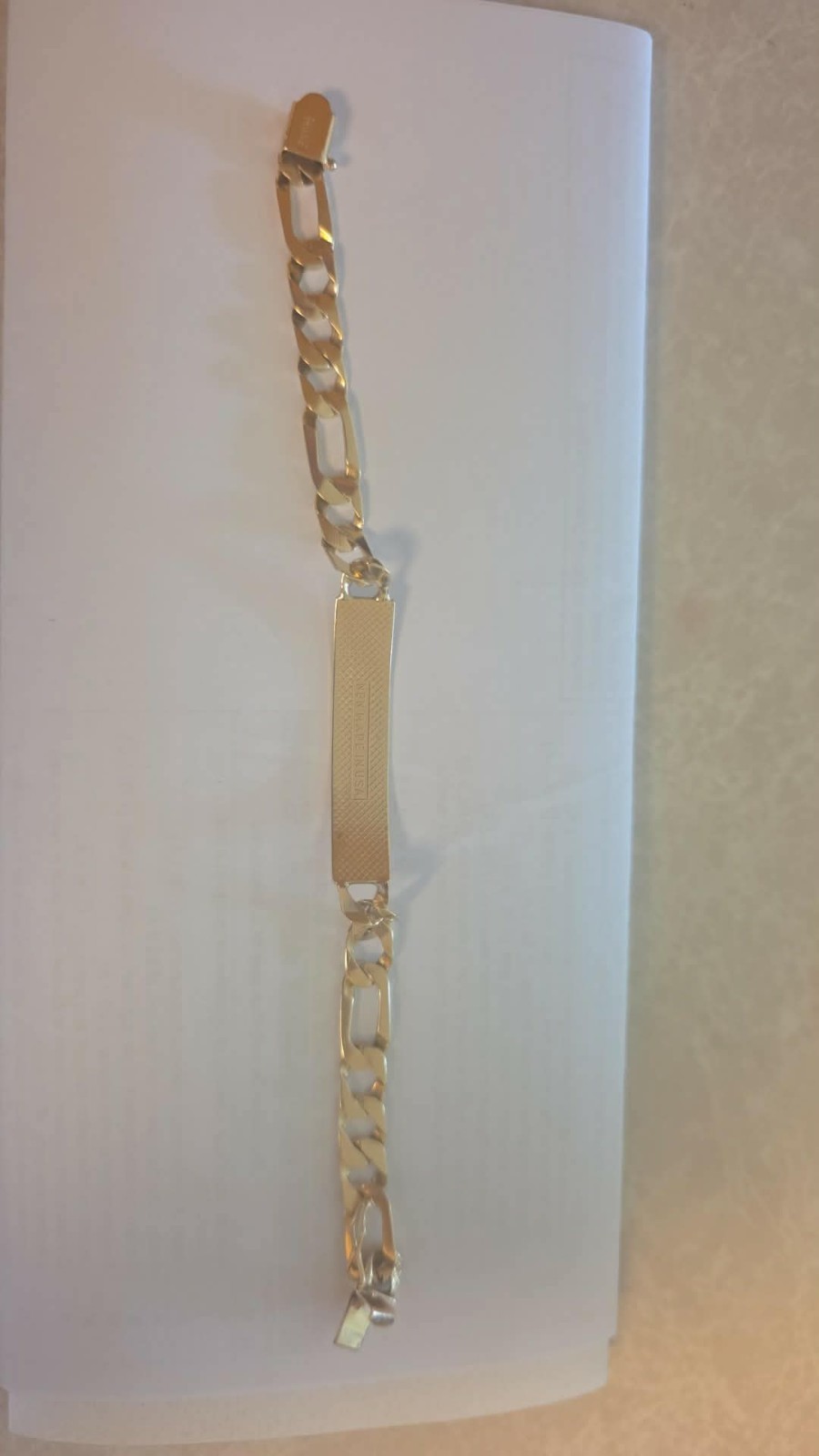 Gold Tone Figaro Chain ID Plate Bracelet, Lobster Clasp, Signed, 12 in