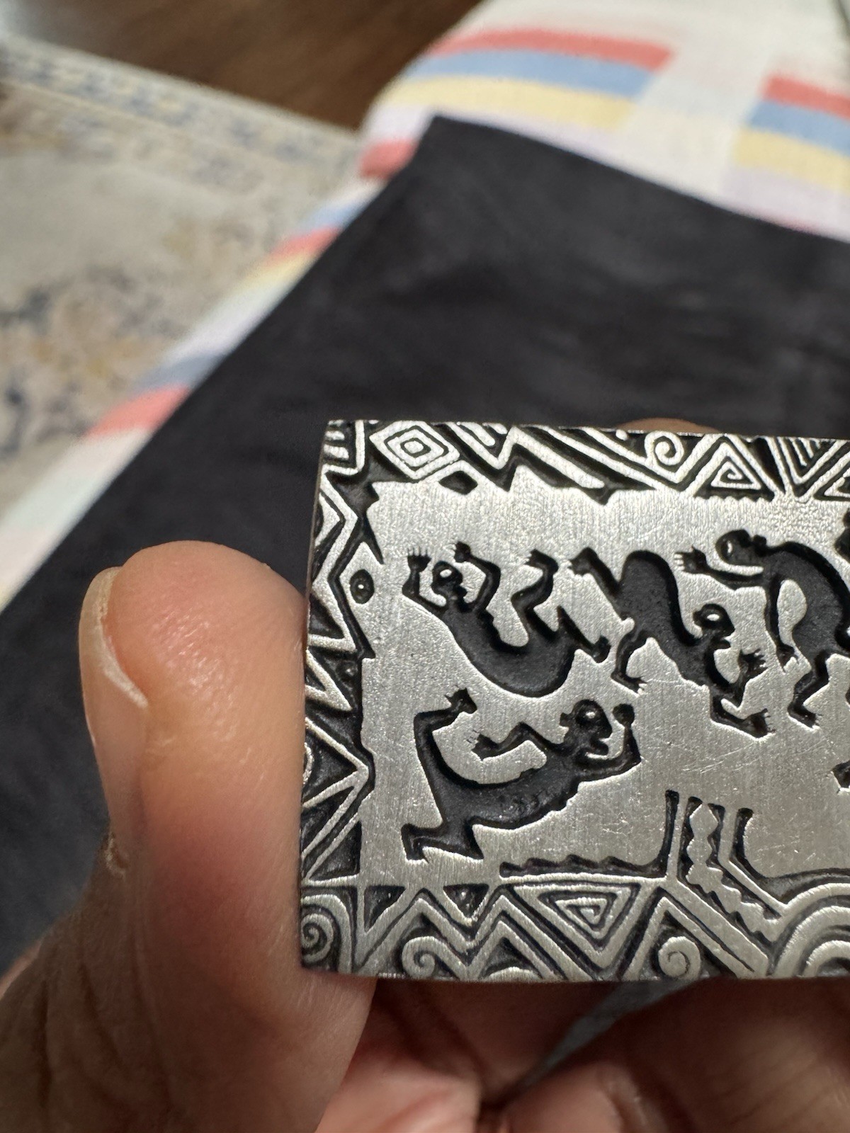 Alice Seely Signed Kokopelli Southwest Art Brooch Pin 2000 Silvertone Petroglyph