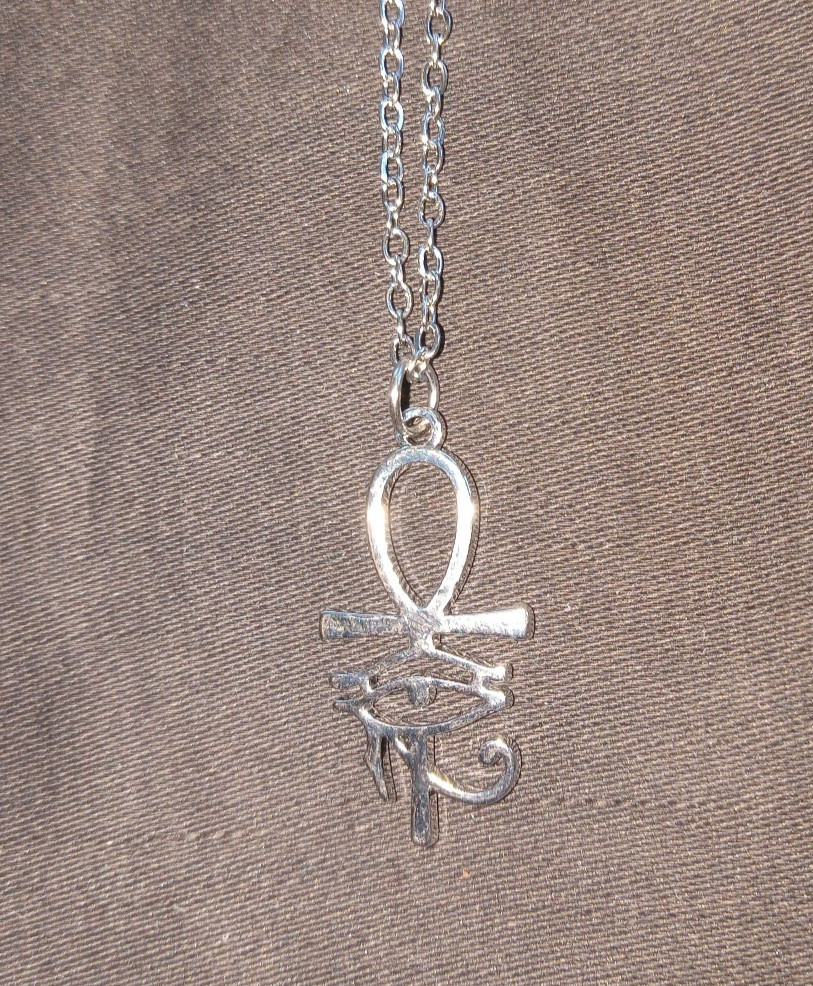 Silver ANKH Eye of Horus Pendant on Silver Plated Chain Necklace Egypt, Art Deco