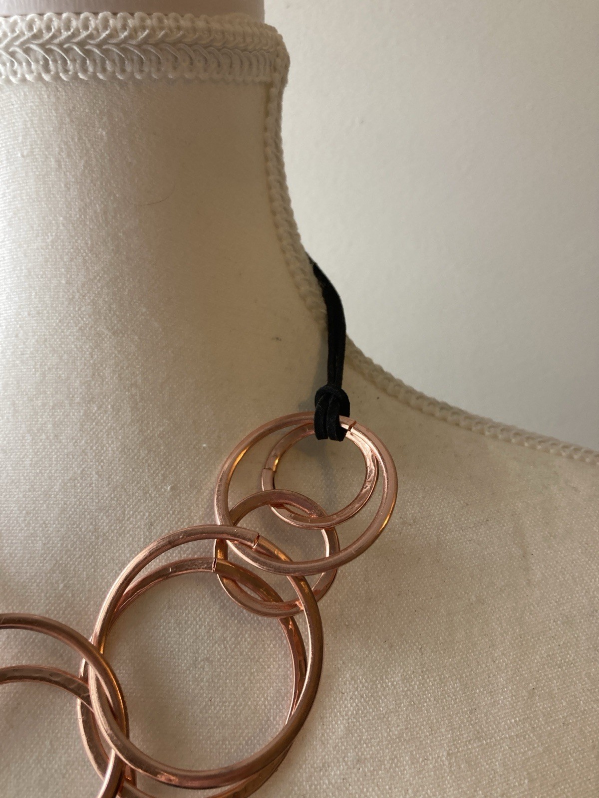 Linked Circle Necklace Cord Modernist Geometric Copper Tone Rose Gold Tone