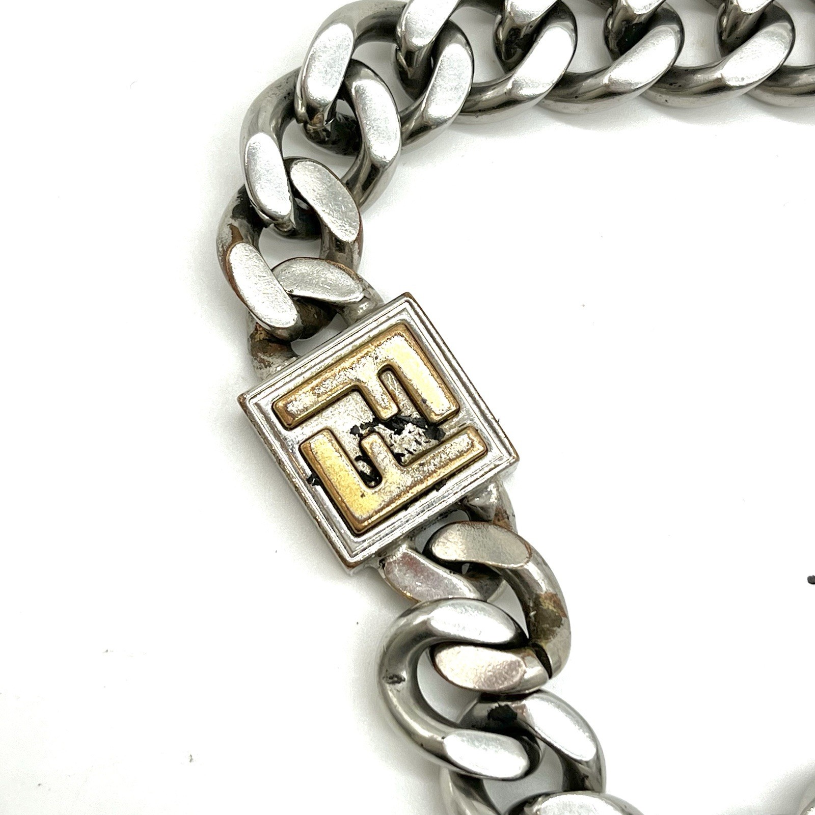 Auth Fendi FF Logo Curb Chain Necklace Men’s 50cm – Palladium Plated 2Y3097