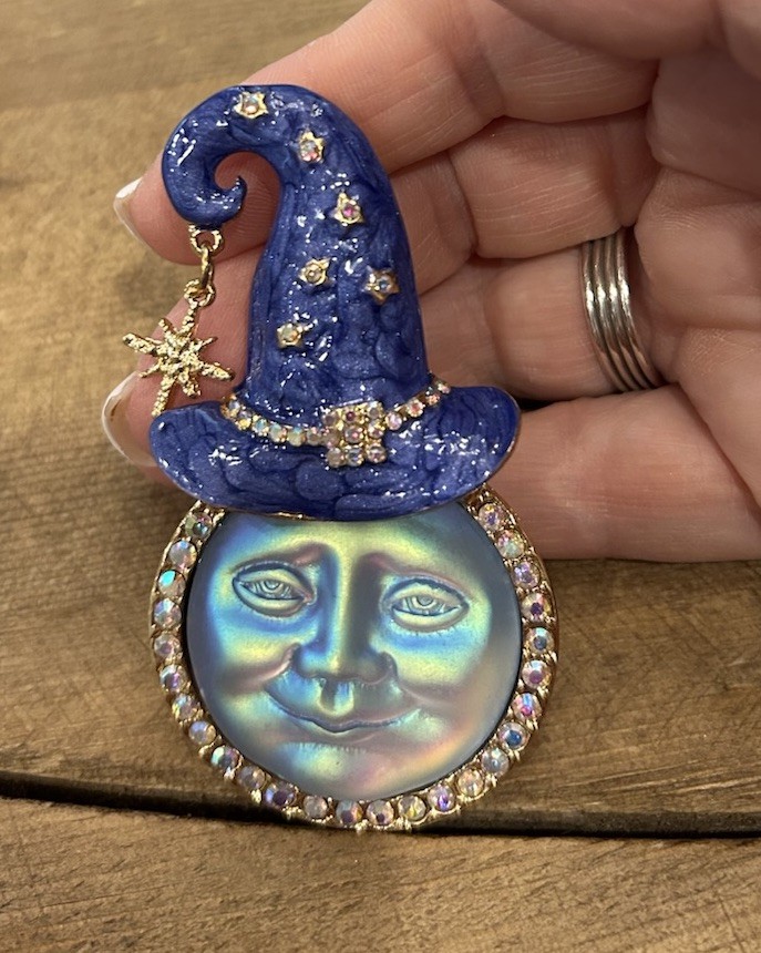 Mystical Iridescent Blue MOON FACE Brooch/Pendant w/Hat AB Crystals, Star Charm