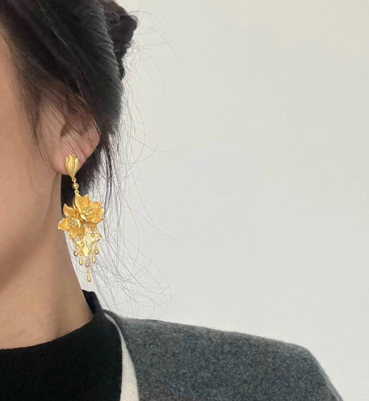 Gold Lotus Tassel Earrings Vintage Chinese Wedding Style Jewelry For Women