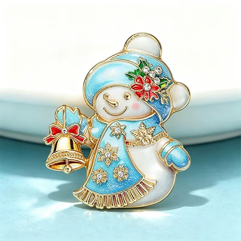 Snowman Christmas Brooch Pin Bell Holiday Rhinestone Lapel Pin 2 Color Gift