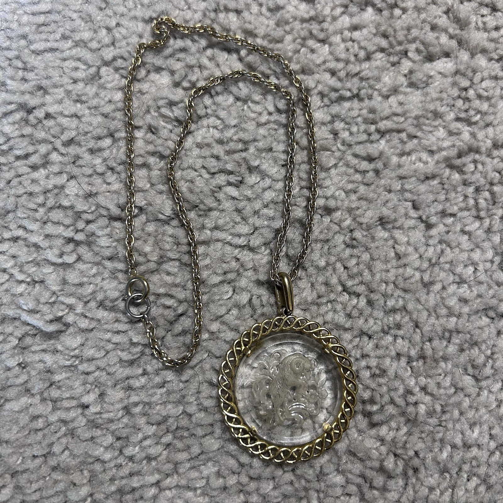 Vintage 1970s Crown Trifari Etched Glass Aries Pendant and Chain
