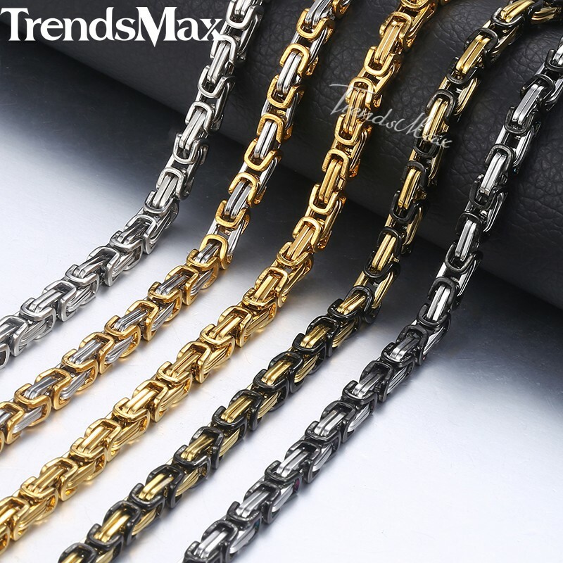 5mm Mens Byzantine Box Link Chain Stainless Steel Necklace Silver/Gold Plated