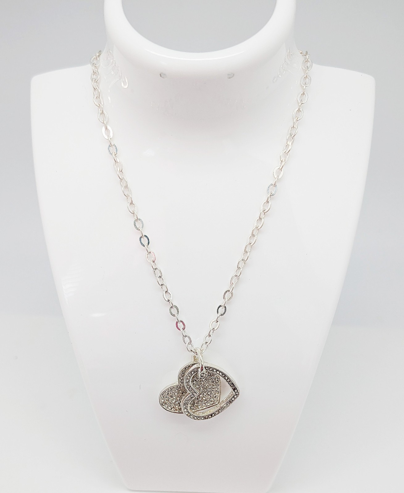 DESIGNER INSPIRED 17 in CLEAR CRYSTAL SILVER TONE DOUBLE HEART ROLO NECKLACE NEW