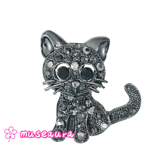 Vintage Rhinestone Gunmetal Black Cat Pin Vintage Style Statement