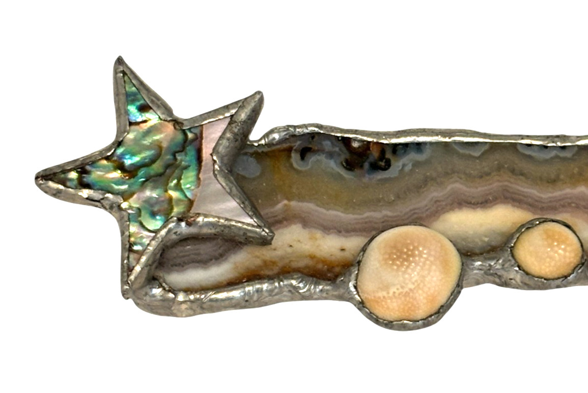 Artisan Made Broch Abalone, Shell, Agate Star Bird Artist Signed Dated 1995