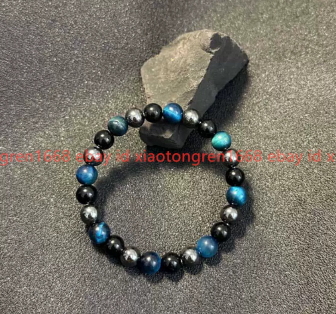 Fashion 8mm Blue Tiger Eye Obsidian Hematite Round Gemstone Beads Bracelet 7.5in