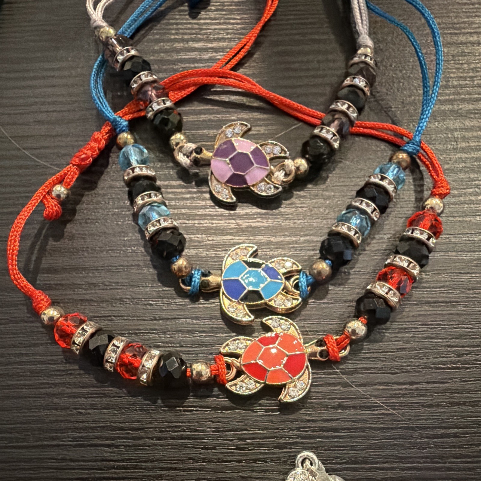 Lot of 3 Adjustable Cord Beaded Dangle Turtle Charm Bracelets Multicolor