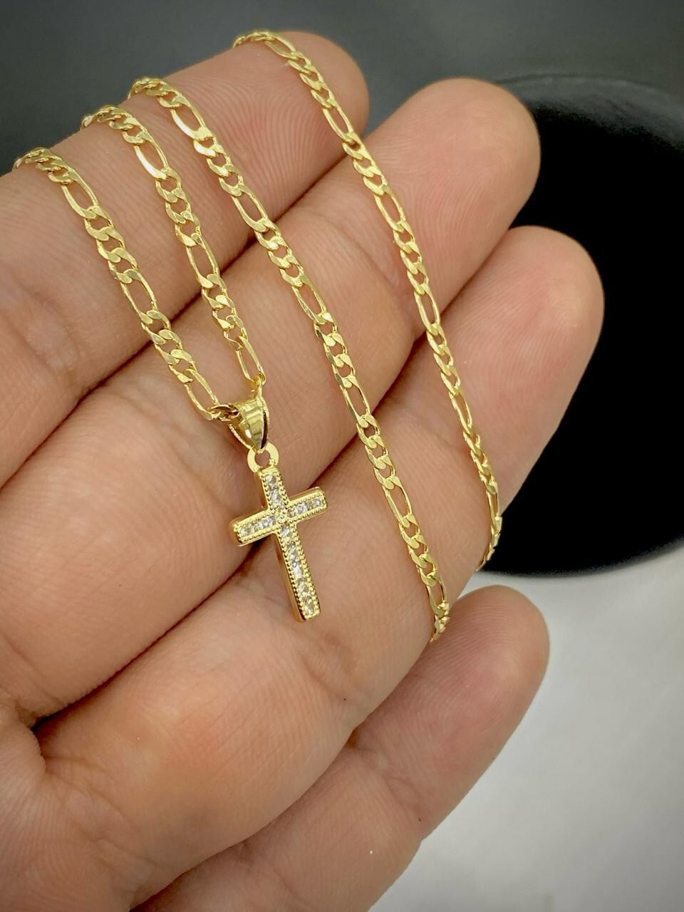 14K Gold Filled Tiny CZ Cross Pendant Necklace Womens 17x10mm Figaro Crucifix