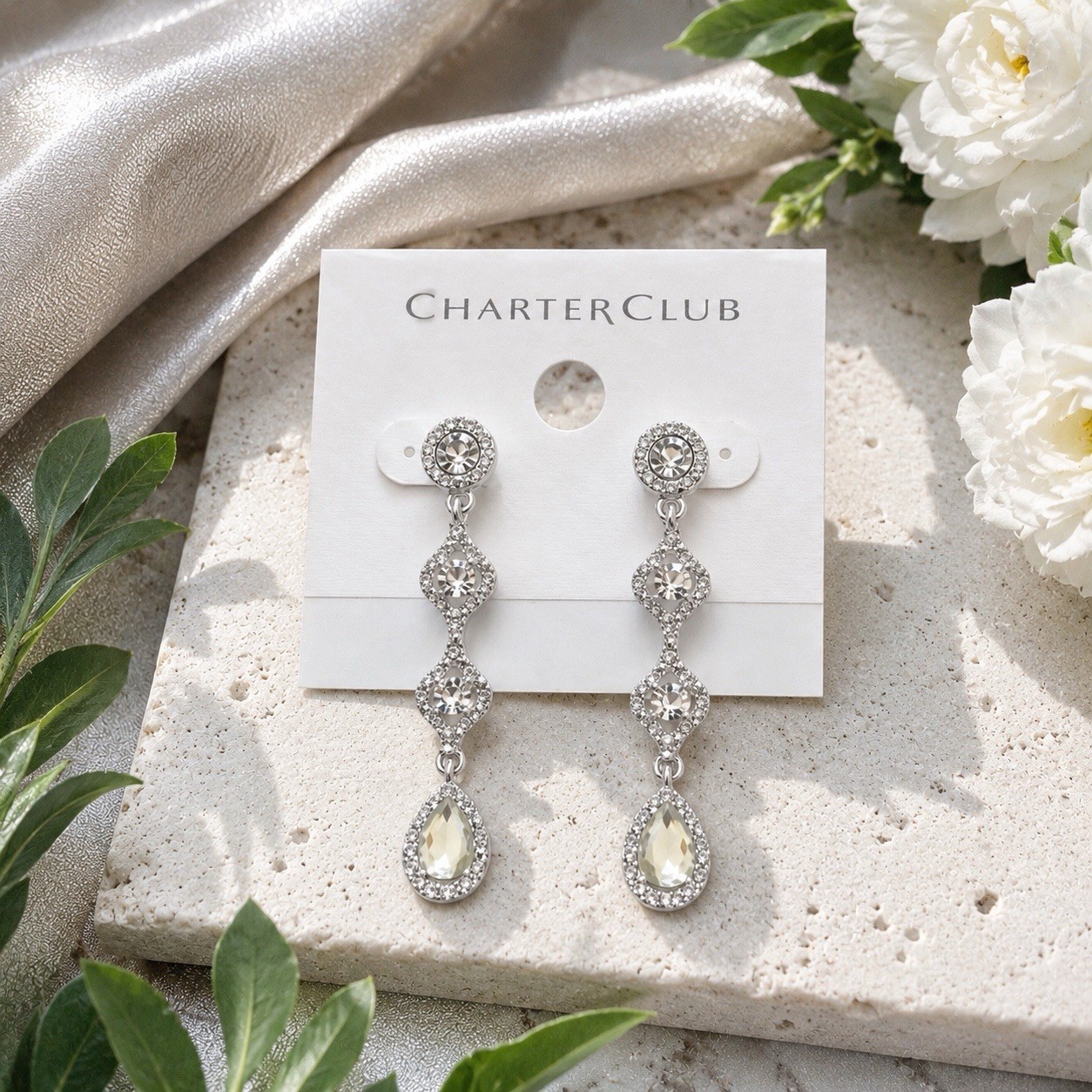 New Charter Club Sparkly Silver-Tone Teardrop Rhinestone Crystal Dangle Earrings