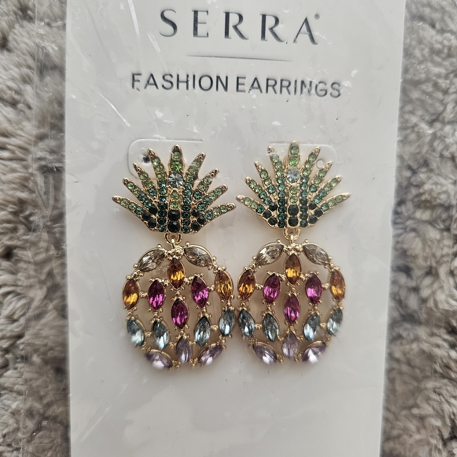 SERRA Multi Color Crystal Pineapple Dangle Pierced Earrings Colorful Rhinestones