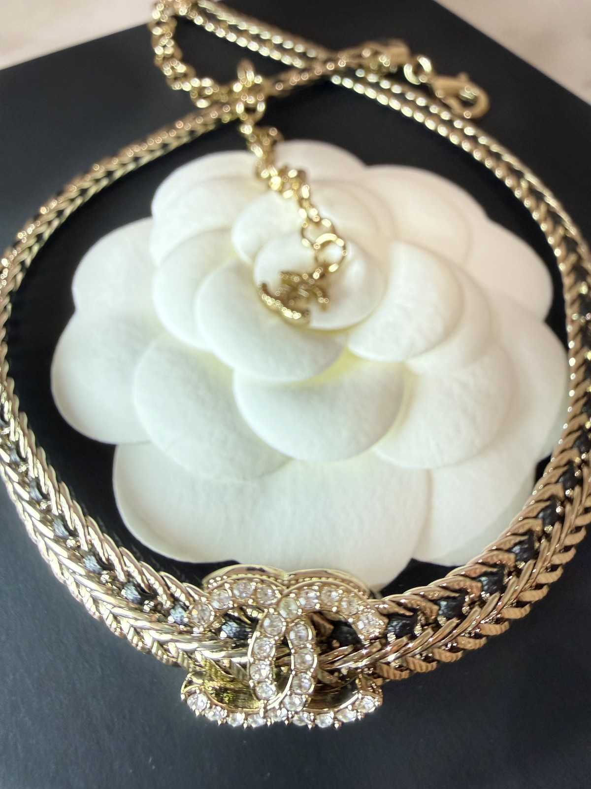 CHANEL Gold Black Leather Woven Chain Choker Necklace CC Logo BRAND NEW