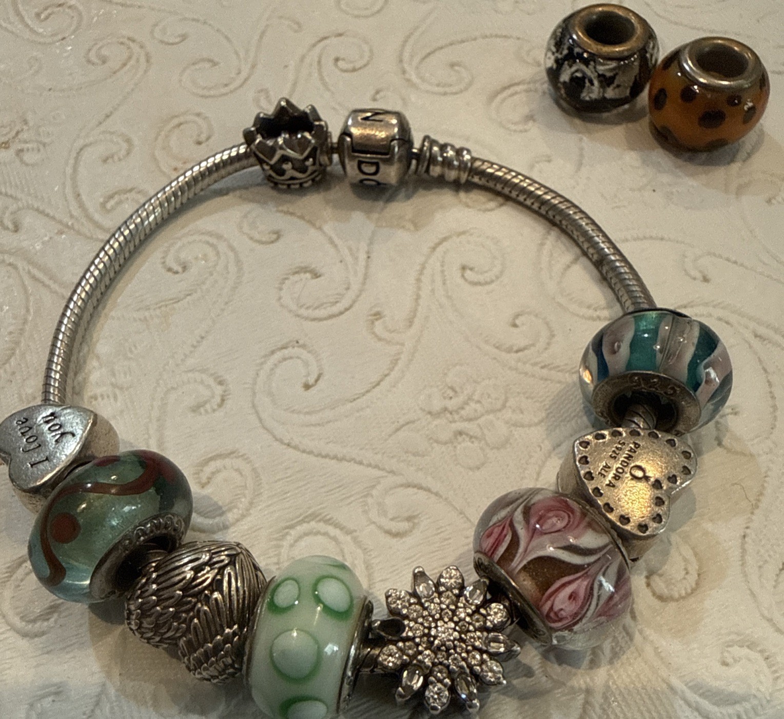 Authentic PANDORA Bracelet Lot of 10 w/ Rare 14K Gold Ring Box & Angel Wings