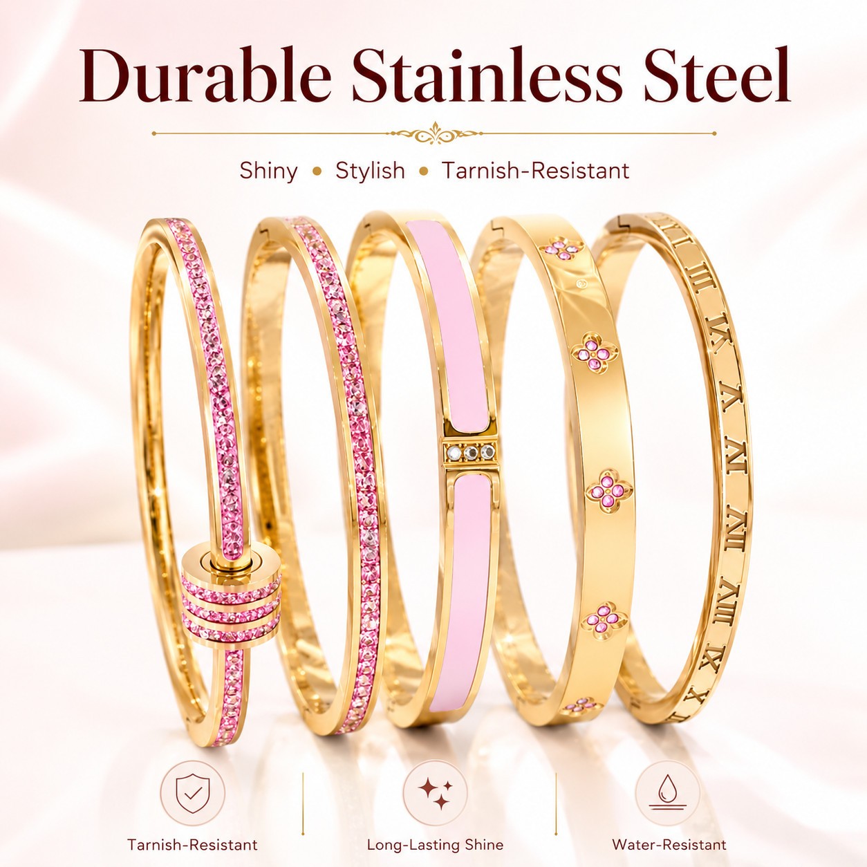 5pc Gold Pink Zirconia Bangle Bracelet Set Stainless Steel Jewelry Gift